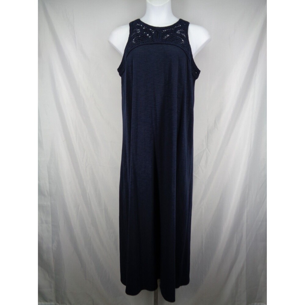J Jill Crochet Yoke Maxi Dress Sleeveless Navy Blue Size Medium New